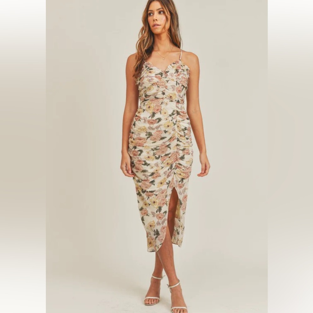 Vici Floral Ruched Midi Dress in Cream with Pink & Green Accents - Picture 3 of 16
